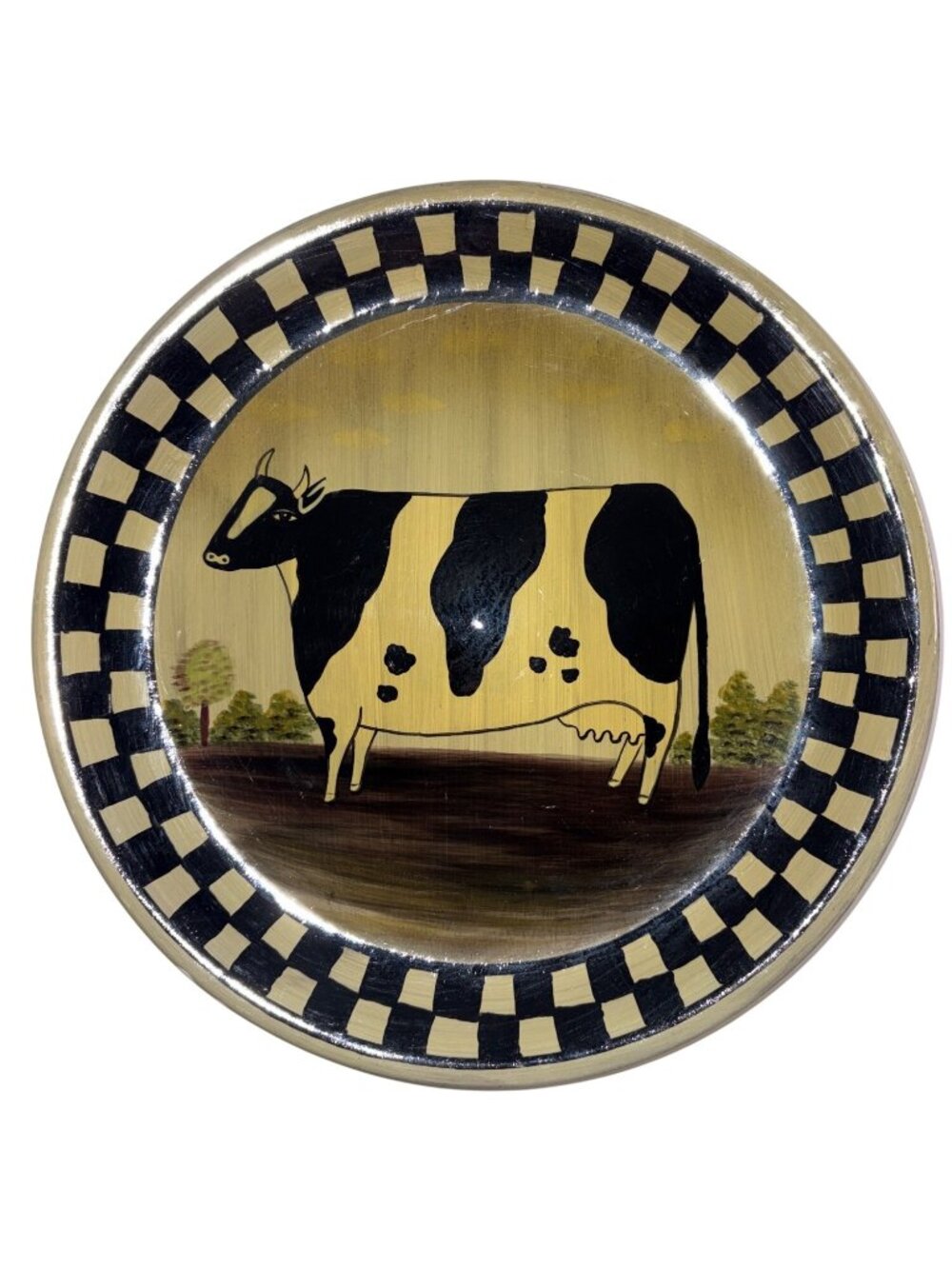 Decorative Ceramic Plate With Cow Design & Checkered Border - For Display Only -